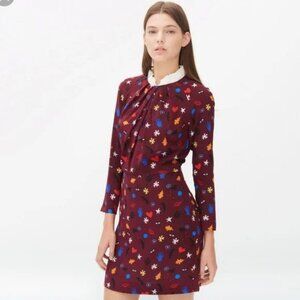 Sandro Dress Paris Roxana Printed‎ Silk Womens Burgundy Dress Size 6 Long Sleeve
